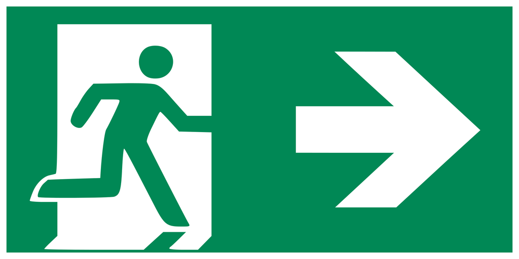 Эвакуационные знаки, белый на зеленом, легенда "IN CASE OF EMERGENCY BREAK…