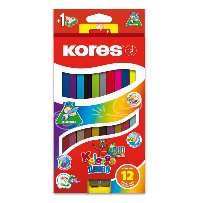 Карандаши цветные Kores DUO Jumbo 24 цвета трехгранные с точилкой, двухсторонние