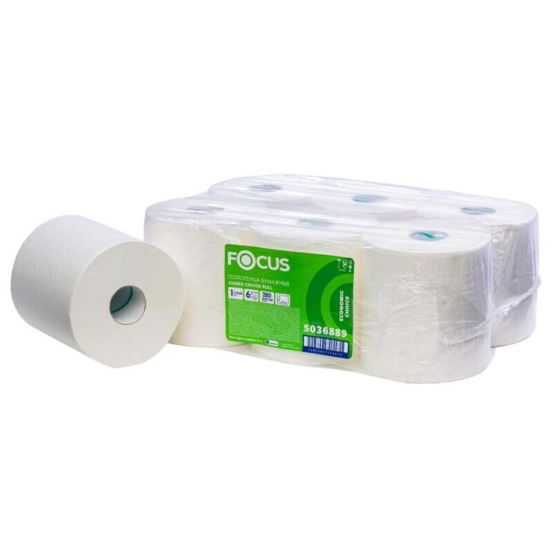Полотенца бумажные в рулонах с центральной вытяжкой Focus Jumbo 1-слойные 6 рулонов по 280 метров (артикул производителя