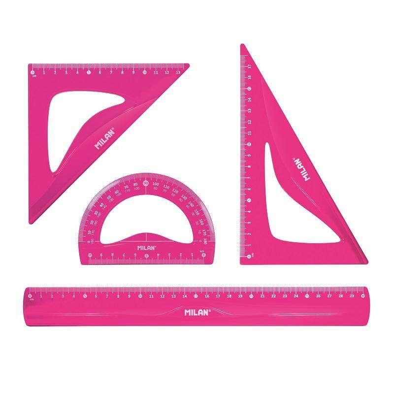 Набор чертежный 30 см Milan пластиковый розовый средний набор (4 предмета в наборе) (линейка 30 см, угольники 13 см и 17