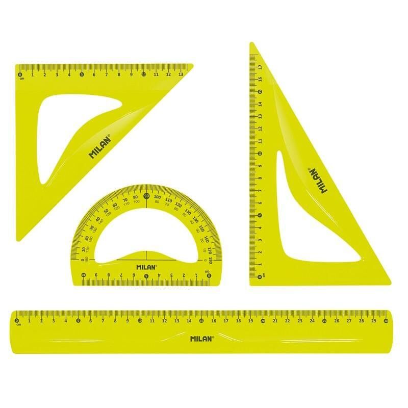 Набор чертежный 30 см Milan пластиковый желтый для левшей (4 предмета в наборе) (линейка 30 см, угольники 17 и 13 см, тр