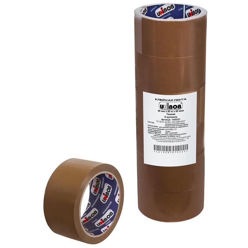 Клейкая лента упаковочная 48 мм х 60 м 60 мкм коричневая (6 штук в упаковке) Unibob