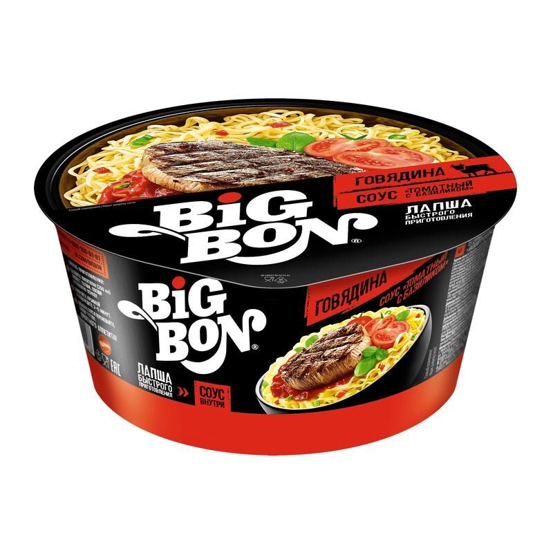 Лапша BigBon говядина + соус томатный с базиликом (24 штуки по 85 г) Bigbon