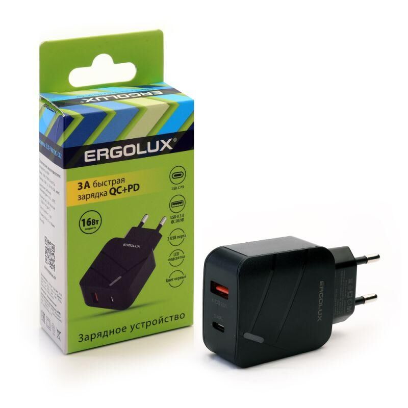 Адаптер сетевой ELX-РA01QC-C02 1USB+1Type C 100-220В 5-9В/3А QC коробка черн. ERGOLUX 15108 Ergolux