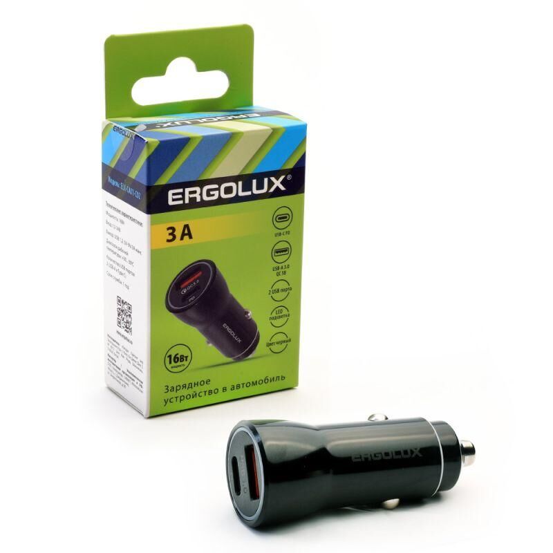 Адаптер автомобильный ELX-CA01-C02 1USB+1Type C 12В 5В/3А LED коробка черн. ERGOLUX 15106 Ergolux