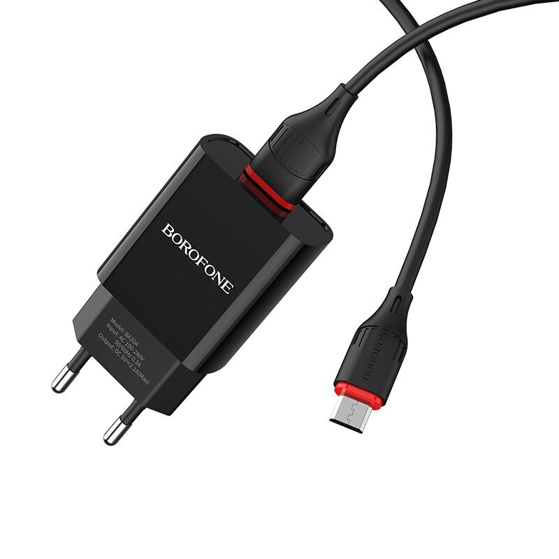 Адаптер постоянного тока BoroFone BA20A, 1гн.USB 5В, 2,1А с кабелем microUSB, чёрный 1