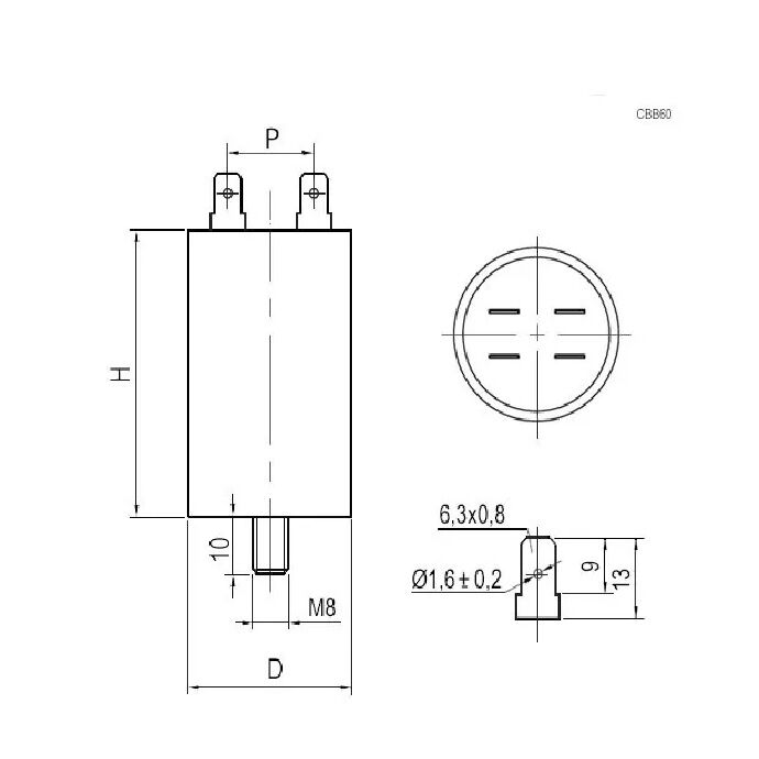 Конденсатор CBB60 3mkF-450V ±5% 50Hz, 60x30мм, две клеммы 6,3мм, винтовое крепление (SAIFU) 2